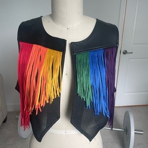Leather Rainbow Pride Fringe Crop Vest